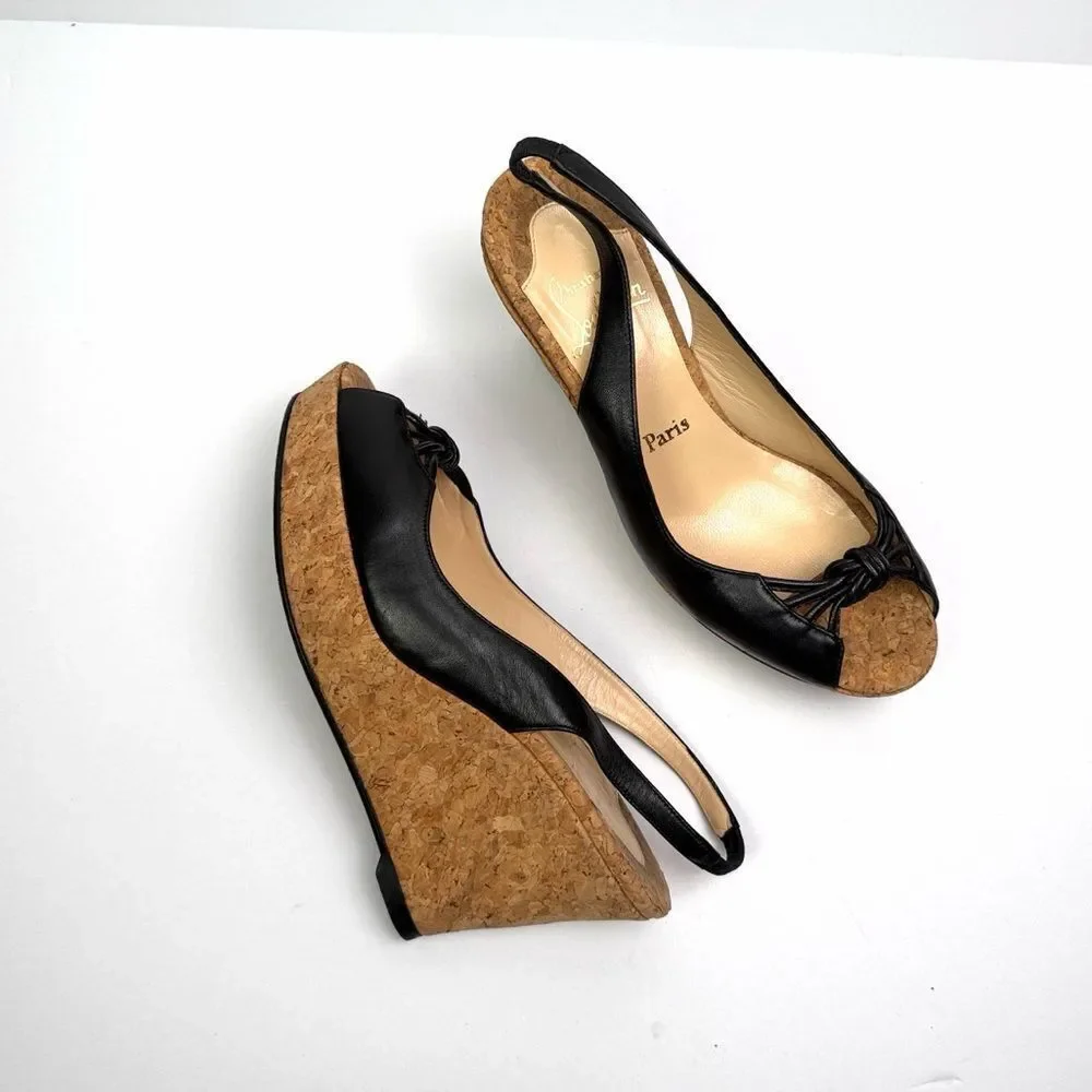 Christian Louboutin Cork Wedges Sandals Black Leather Peep Toe Slingback US 8